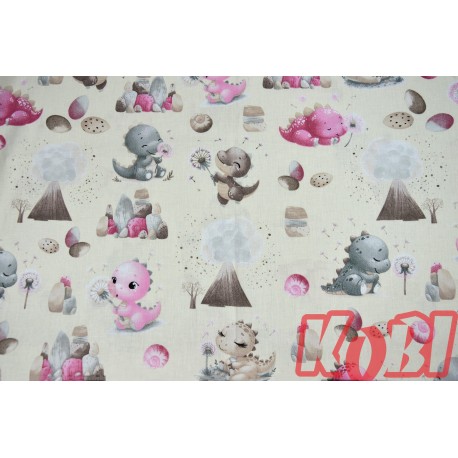 Pościel dziecięca 100% bawełna rozmiar 90x120 małe dinozaury tło ecru D90