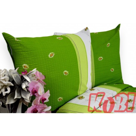 Pościel z kory rozmiar 160x200 zielona stokrotka biały pas 3555 KOBI